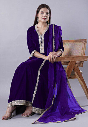 Embroidered Velvet Anarkali Suit in Dark Purple