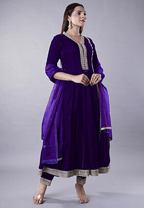 Embroidered Velvet Anarkali Suit in Dark Purple