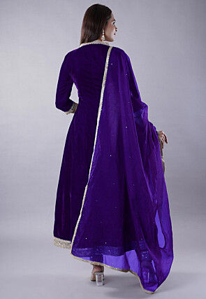 Embroidered Velvet Anarkali Suit in Dark Purple