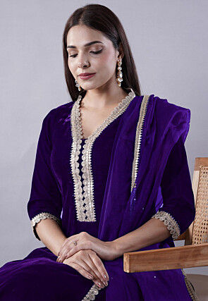 Embroidered Velvet Anarkali Suit in Dark Purple