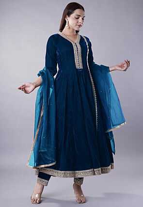 Embroidered Velvet Anarkali Suit in Teal Blue