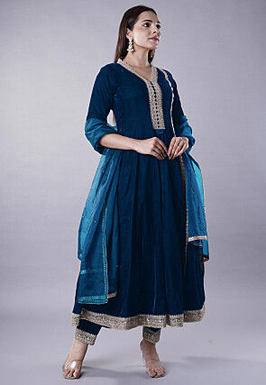 Embroidered Velvet Anarkali Suit in Teal Blue