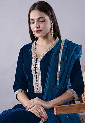 Embroidered Velvet Anarkali Suit in Teal Blue
