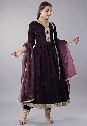 Embroidered Velvet Anarkali Suit in Wine