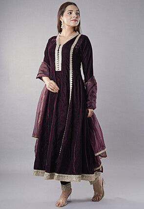 Embroidered Velvet Anarkali Suit in Wine