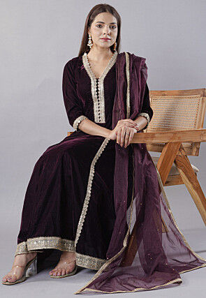 Embroidered Velvet Anarkali Suit in Wine