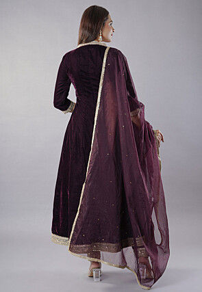 Embroidered Velvet Anarkali Suit in Wine