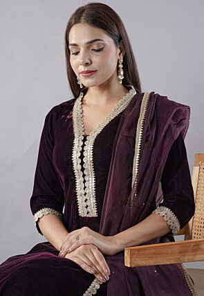 Embroidered Velvet Anarkali Suit in Wine
