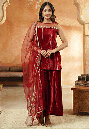 Embroidered Velvet and Net Pakistani Suit in Maroon