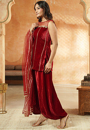 Embroidered Velvet and Net Pakistani Suit in Maroon
