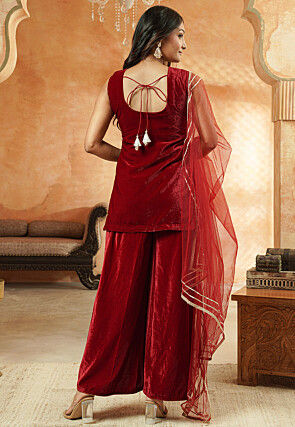 Embroidered Velvet and Net Pakistani Suit in Maroon