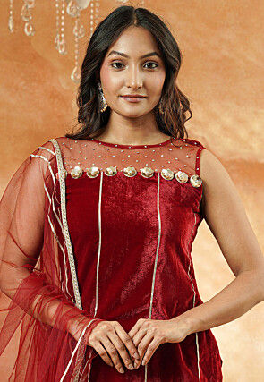 Embroidered Velvet and Net Pakistani Suit in Maroon