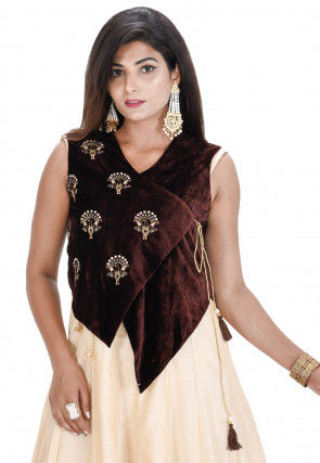 Embroidered Velvet Asymmetric Jacket in Brown