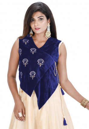 Embroidered Velvet Asymmetric Jacket in Dark Blue