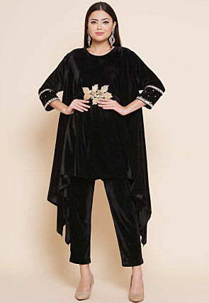 Embroidered Velvet Asymmetric Tunic Set in Black