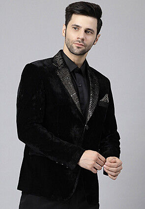 Embroidered Velvet Blazer in Black