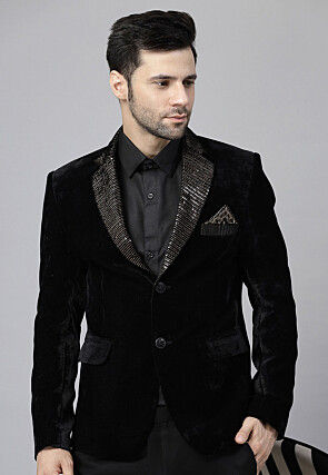 Embroidered Velvet Blazer in Black