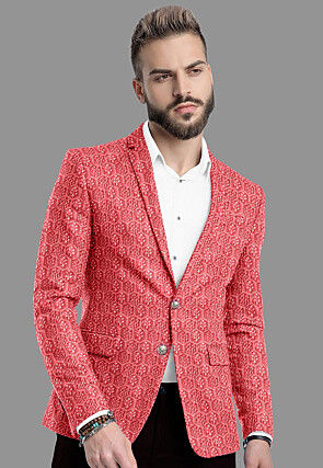 Embroidered Velvet Blazer in Red