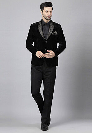 Embroidered Velvet Blazer Set in Black