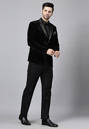 Embroidered Velvet Blazer Set in Black