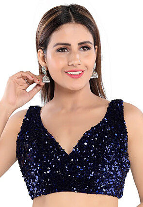 Embroidered Velvet Blouse in Navy Blue