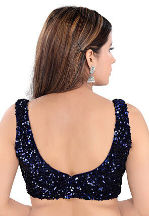 Embroidered Velvet Blouse in Navy Blue