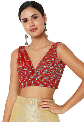 Embroidered Velvet Blouse in Red