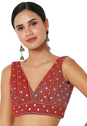 Embroidered Velvet Blouse in Red