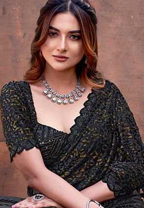 Embroidered Velvet Brasso Scalloped Saree in Black