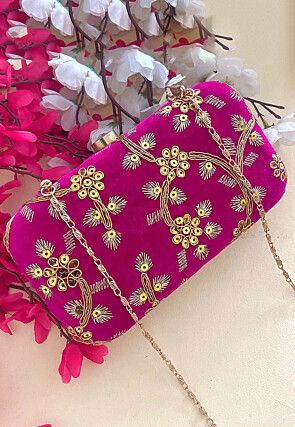 Embroidered Velvet Clutch Bag in Pink