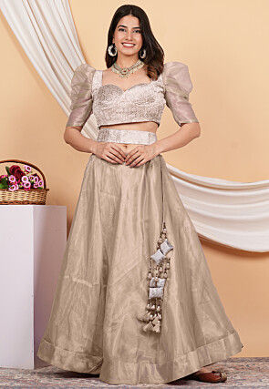 Embroidered Velvet Crop Top Set in Beige