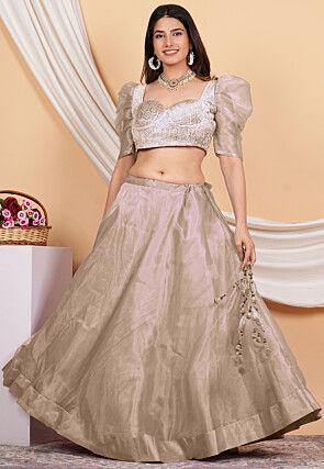 Embroidered Velvet Crop Top Set in Beige