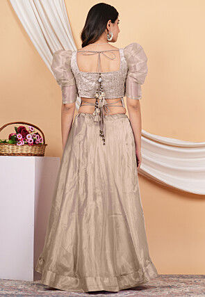 Embroidered Velvet Crop Top Set in Beige