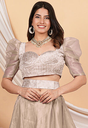 Embroidered Velvet Crop Top Set in Beige