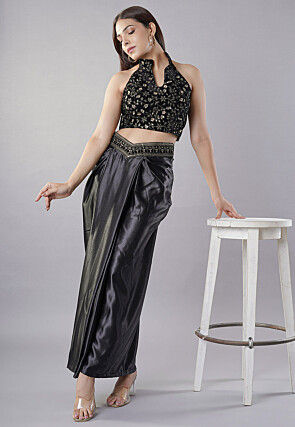 Embroidered Velvet Crop Top Set in Black