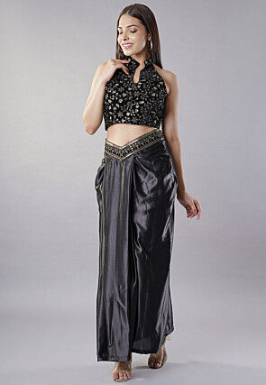 Embroidered Velvet Crop Top Set in Black