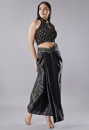 Embroidered Velvet Crop Top Set in Black