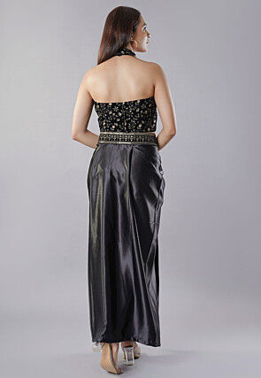 Embroidered Velvet Crop Top Set in Black