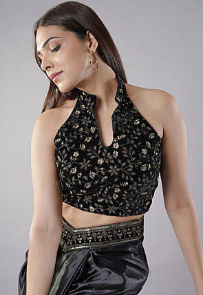 Embroidered Velvet Crop Top Set in Black