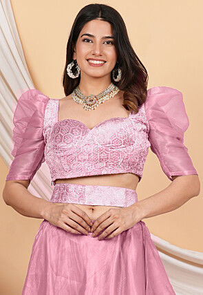 Embroidered Velvet Crop Top Set in Light Pink