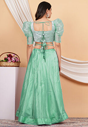 Embroidered Velvet Crop Top Set in Pastel Green