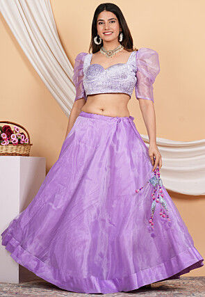 Embroidered Velvet Crop Top Set in Purple