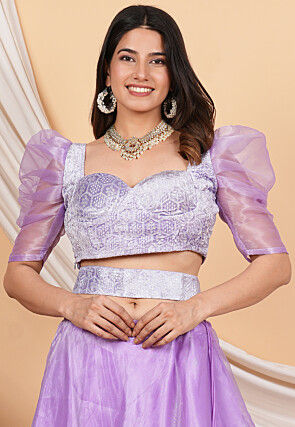 Embroidered Velvet Crop Top Set in Purple