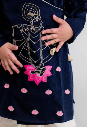 Embroidered Dupion Silk Dhoti Kurta in Navy Blue