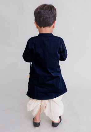 Embroidered Dupion Silk Dhoti Kurta in Navy Blue