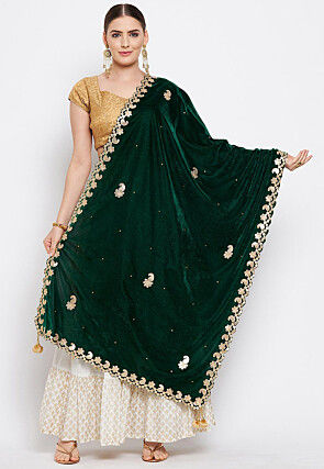 Embroidered Velvet Dupatta in Dark Green