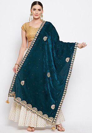 Embroidered Velvet Dupatta in Dark Teal Blue
