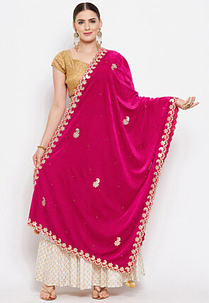 Embroidered Velvet Dupatta in Fuchsia
