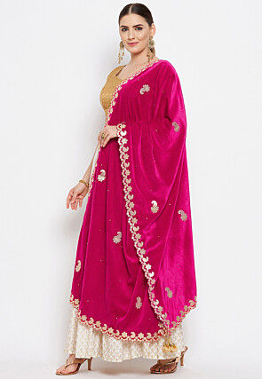 Embroidered Velvet Dupatta in Fuchsia