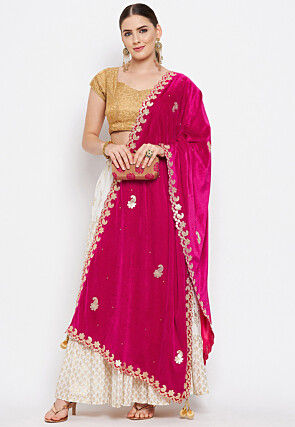 Embroidered Velvet Dupatta in Fuchsia